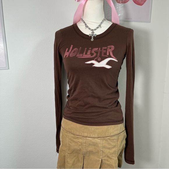 Hollister Vtg Y2K Brown Long Sleeve Graphic Top Pink Logo Womens Small - Picture 2 of 7